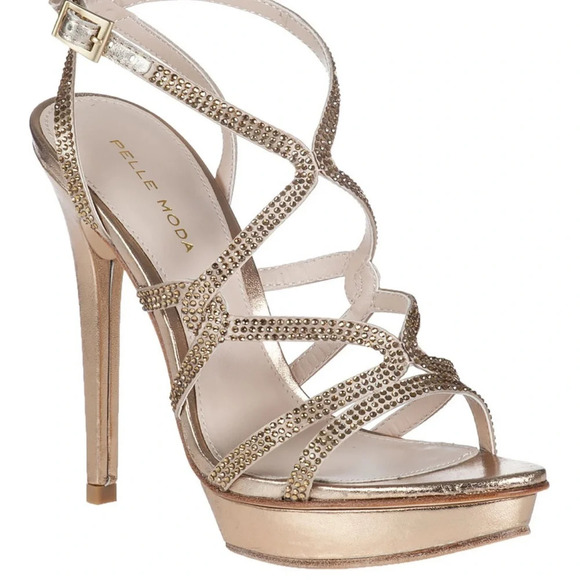 PELLE MODA FARAH EVENING SANDAL PLATINUM LEATHER Rhinestone Platform High Heels - Picture 2 of 13
